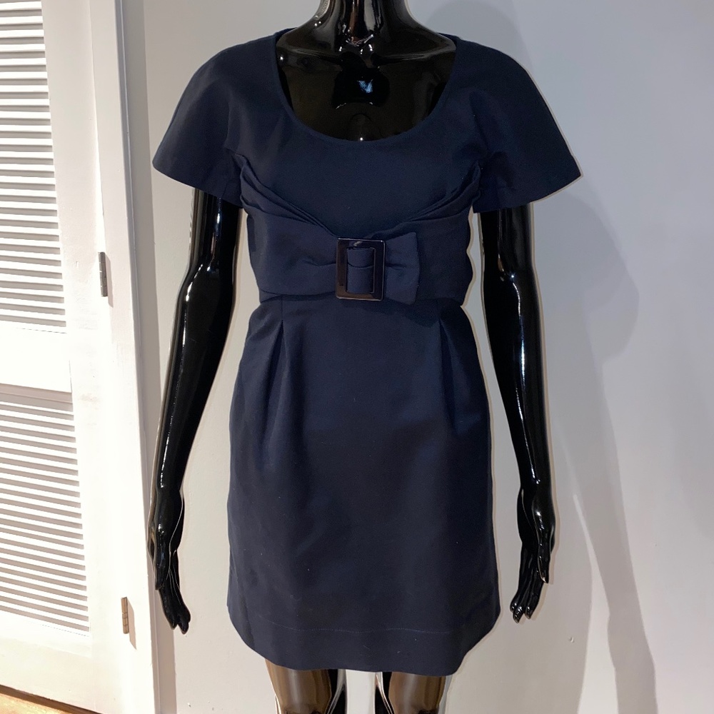 SEE BY CHLOE NAVY BLUE RUCHED PLEATED FRONT BOW DETAILED DRESS 6 S M